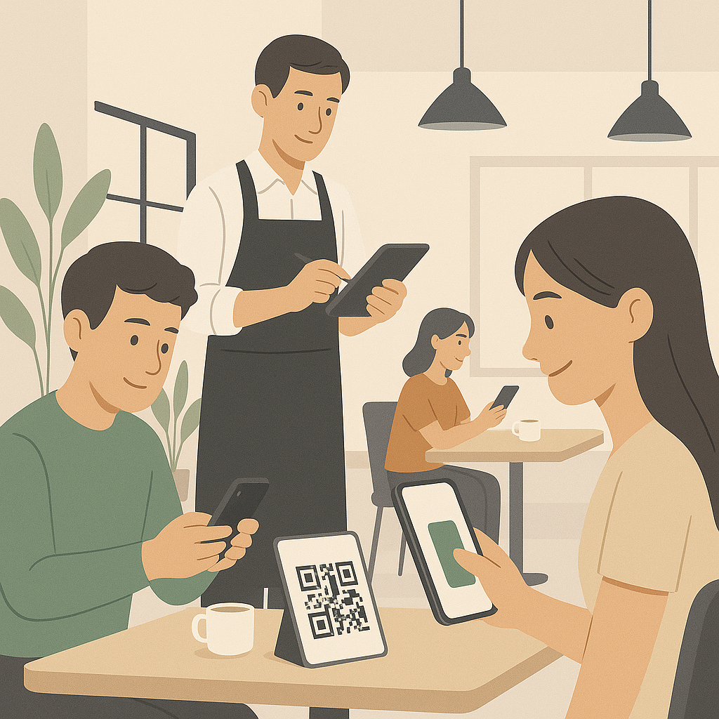 Restaurant customers scanning QR codes for digital menu